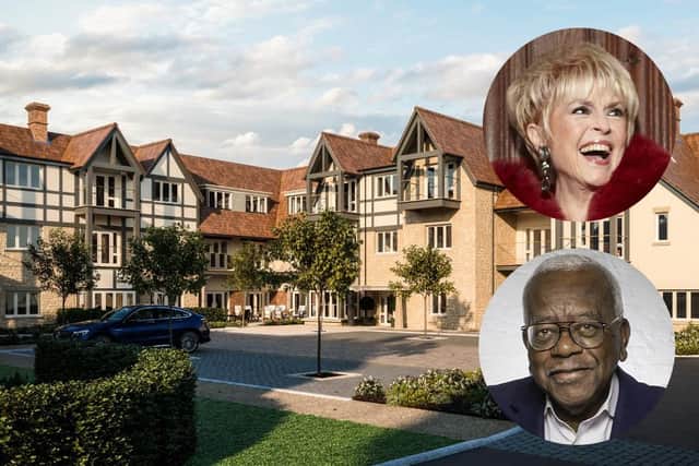 An artist's impression of Elderswell retirement village in Turvey and inset top,  Gloria Hunniford and bottom,  Sir Trevor McDonald and
