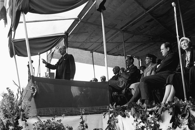 Prime Minister Harold Macmillan addressing a rally of Bedfordshire Conservatives at Bedford Town football ground on July 20th 1957.