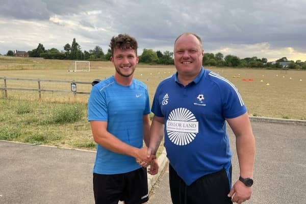 Bedford Town boss Gary Setchell with new signings Matt Maloney. Photo: Bedford Town FC.