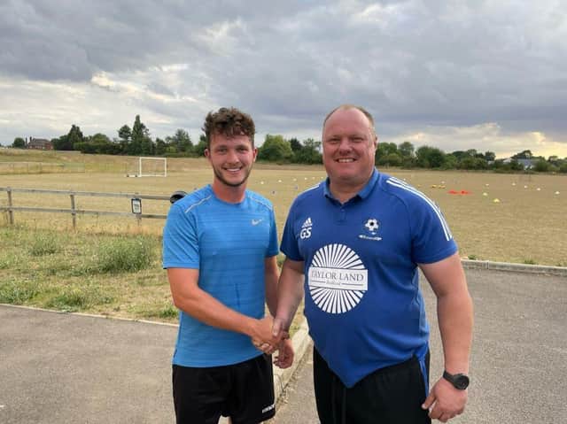 Bedford Town boss Gary Setchell with new signings Matt Maloney. Photo: Bedford Town FC.