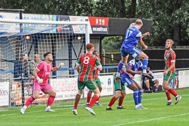 Ben Spaul goes for goal for Bedford Town in their 2-0 win over Chalfont St Peter (Picture: Adrian Brown)