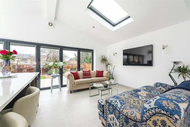 A particular feature of the property is the open plan kitchen/breakfast/garden room which measures over 21ft. Natural light is provided by a lantern skylight and bi-fold doors