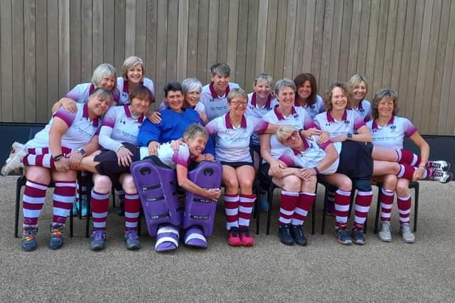 Bedford Hockey Club's Women’s Masters Over 55s celebrating their cup final victory at the 2012 Olympic venue, Lee Valley