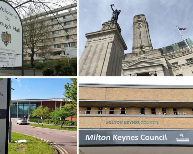 Clockwise from top left: Bedford Borough Council, Luton Town Hall, Milton Keynes Council and Central Bedfordshire Council