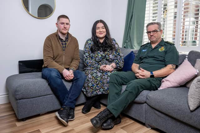 Daisy Devane, 31 with her husband Eammon Devane, 33 and Jeremy Williams Senior Emergency medical technician. Picture: James Linsell-Clark / SWNS
