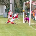 Rene Howe nets the equaliser at Welwyn Garden City, his 30th goal of the season  Picture www.bedfordeagles.net