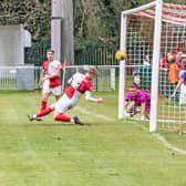 Rene Howe nets the equaliser at Welwyn Garden City, his 30th goal of the season  Picture www.bedfordeagles.net