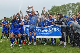 Celebrations begin for promoted  Bedford Town. Photo by Tom Hall.