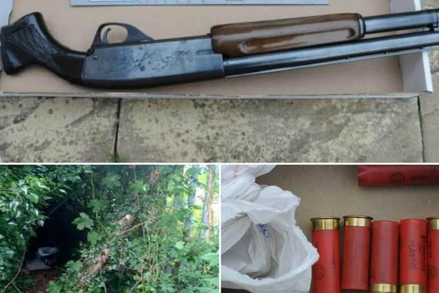 Pictured top, a shotgun recovered from the property of Shuheb Ali, left, shotgun cartridges found in Romsey Way, and right, the ammunition