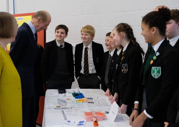 The Duke of Kent met school pupils after being shown around the new facility at Cranfield Univeristy