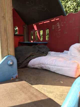 A rough sleeper's bedding in the play house
