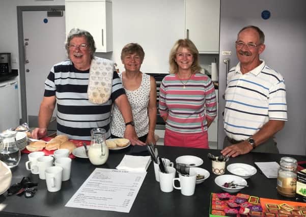 Breakfast served at the Harrold Centre - from left,  Duncan Gray, Liz Knight, Alison Foster and Chris Chaplin.