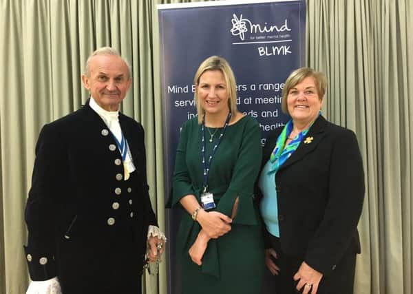 Mind BLMK marks 40 years - High Sheriff of Bedfordshire Julian Polhill , Caroline Lewis, CEO, and Margaret Stockham Turner, chair