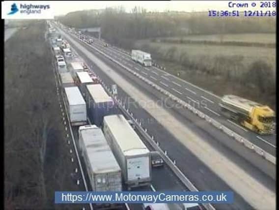 Long delays on the M1 this afternoon following a fuel spillage. Picture via Highways England.