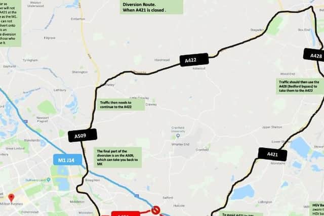 Diversion routes for when the A421 closes