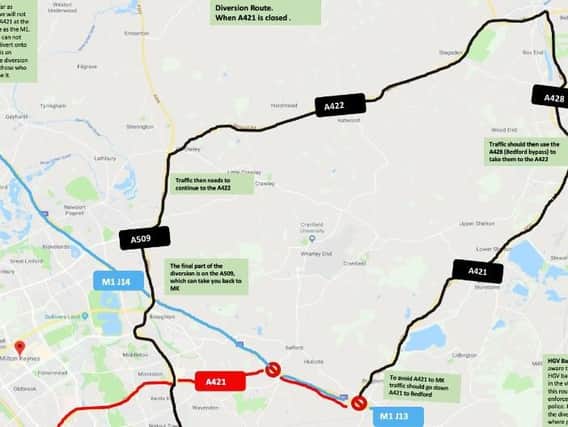 Diversion routes for when the A421 closes