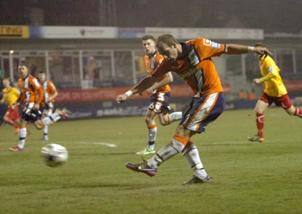 Jake Howells draws Town level against Hyde but Luton went on to lose 2-1. Pic: Joanna Cross.