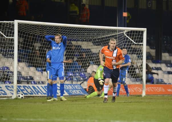 Steve McNulty scores Town's only goal of the evening against Stockport on Tuesday night