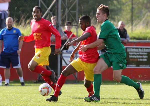 Action from Banbury United against Hitchin Town at Spencer Stadium. Pictured Kynan Isaac and Lewis Rolfe