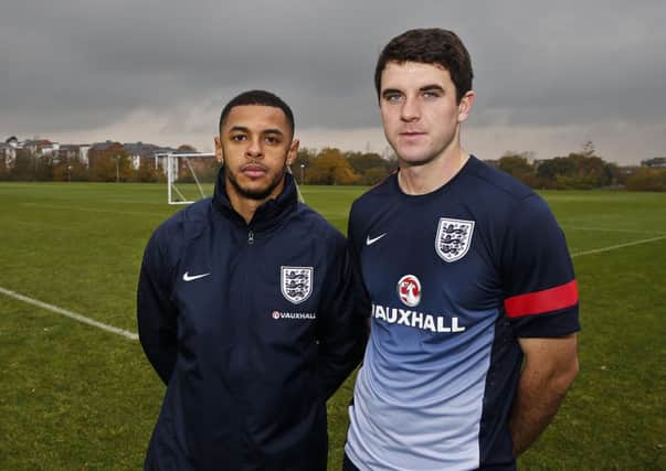Andre Gray and Andrew Parry of England C (Luton Town) and - Photo mandatory by-line: Phil Mingo/Pinnacle/F.A. - Tel: +44(0)1363 881025 - Mobile:0797 1270 681 - VAT Reg No: 768 6958 48 - 18/11/2013 - SPORT - FOOTBALL - England C, INTERNATIONAL FRIENDLY, ENGLAND C  - England C training at Surrey Sports Park, Guilford, Surrey, England