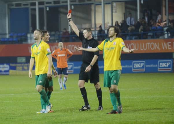 New Town signing Fraser Franks is sent off against Luton earlier this season