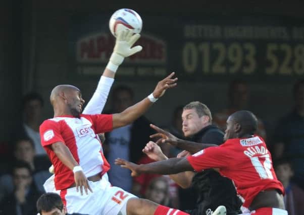 Crawley Town's Calvin Andrew & John Akinde attack the Charlton Athletic defence (Pic by Jon Rigby) ENGSUS00220120708151026