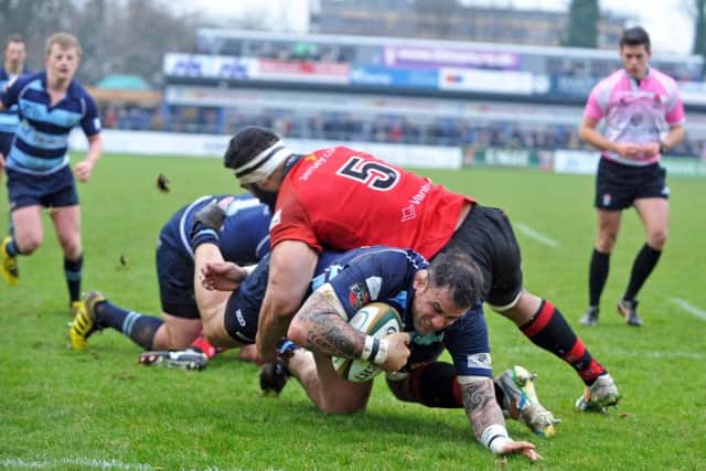 Paul Tupai crashes over during Bedford Blues' defeat to Jersey. Picture (c) June Essex