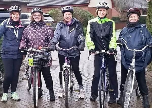 Bedford High School cycle challenge reunion, from left, Alison Steyn, Sara Dixon, Sarah McLeod, Kim Robinson and Sarah Addison.