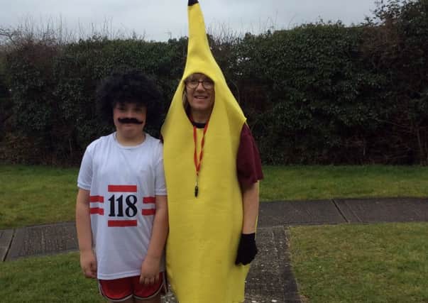 Scott Lower School teacher Karen Wallbank ran in a banana costume for Sports Relief PNL-160324-121120001