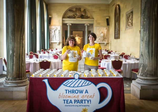Marie Curie fundraisers  Hazel Bendon and Emily Fleming launch The Blooming Great Tea Party in Woburn Abbey's Sculpture Gallery