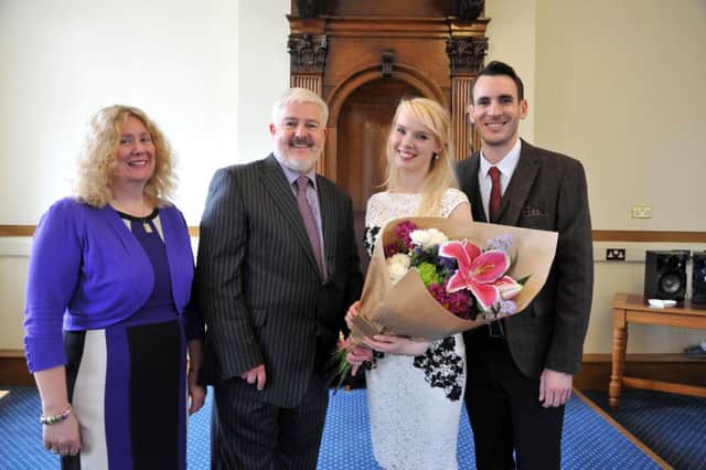Christopher Keating and Caroline Connaughton tied the knot on Friday morning - they are the first to get married in Bedford's new registry office since it reopened in April PNL-160607-123611001