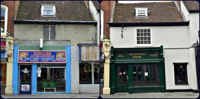 Bedfore and after: Townscape Heritage Initiative (THI) grant funded works have helped to transform one of Bedford High Streets most important historic properties from zero to hero. PNL-160607-153456001
