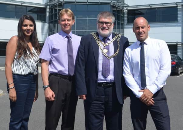 Bedford i-lab 10th anniversary celebrated by Mayor of Bedford Borough Dave Hodgson; Head of Economic Development Mark Oakley; i-Brand Centre Manager Simon Dunning; and Assistant Centre Manager Syreeta Kalyan.)