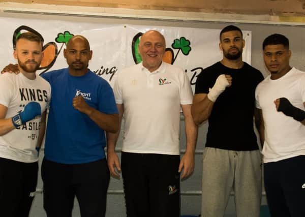 From left, Micky Mills, East Area Boxing Academy head coach Sid Thompson, promoter Mervyn Turner, Julian Wilson and Michael Stephenson